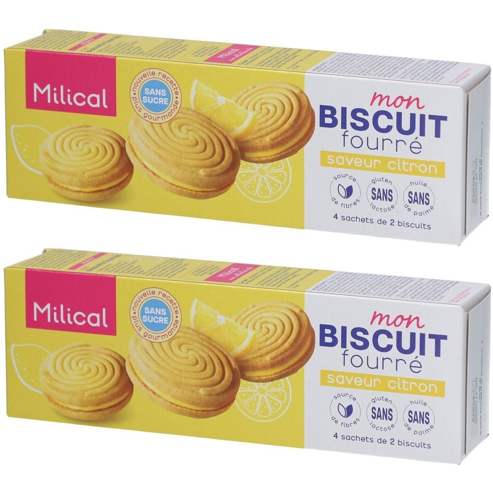 Deux boîtes de biscuits Milical saveur citron. Inscription: Mon Biscuit Fourré, Sans Sucre, Sans Gluten, Sans Huile de Palme.