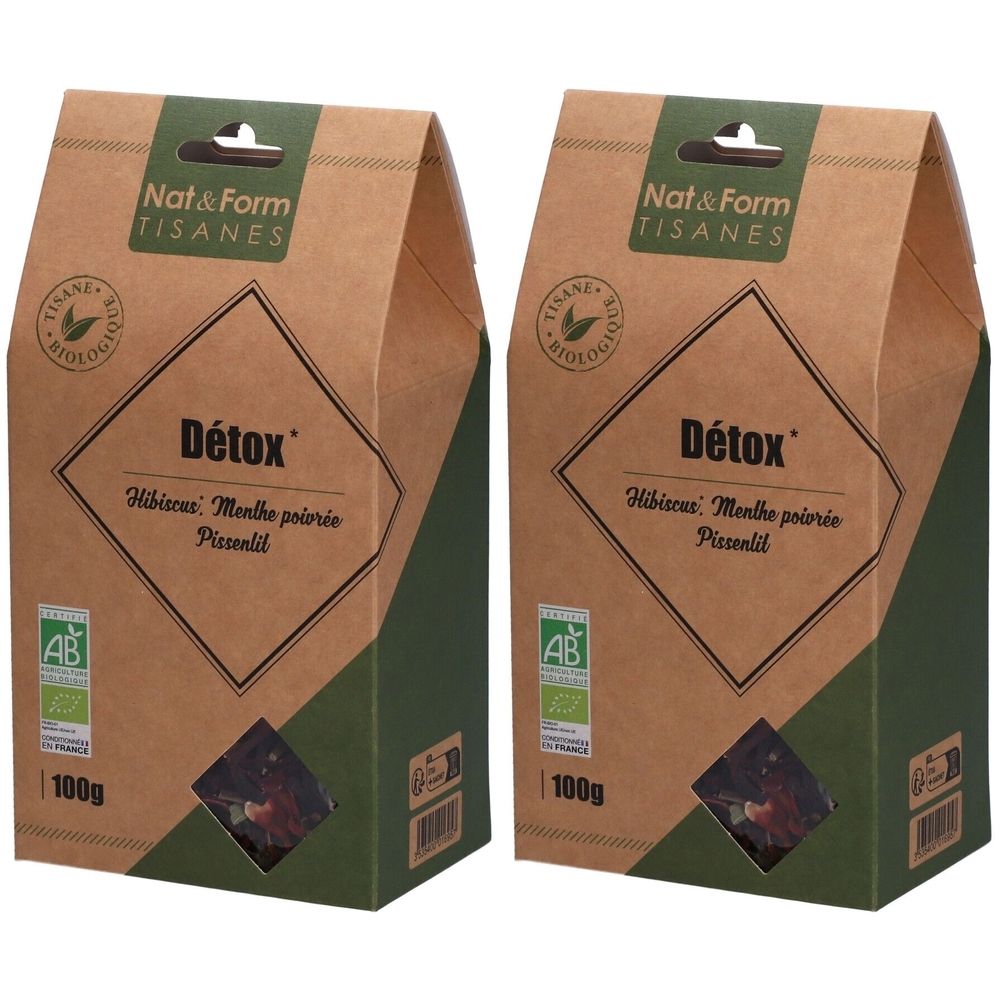 Deux boîtes en carton "Détox" de Nat&Form. Ingrédients: Hibiscus, menthe poivrée, pissenlit. Label bio. Fenêtre visible. 100g.