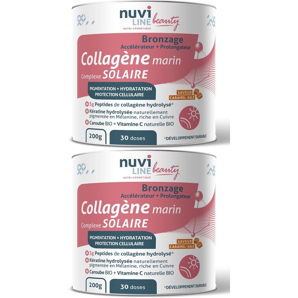 Deux boîtes de Nuviline Collagène Marin. Inscription: Collagène marin Complexe Solaire, 200g, 30 doses. Contient peptides, kératine, caroube, vitamine C.