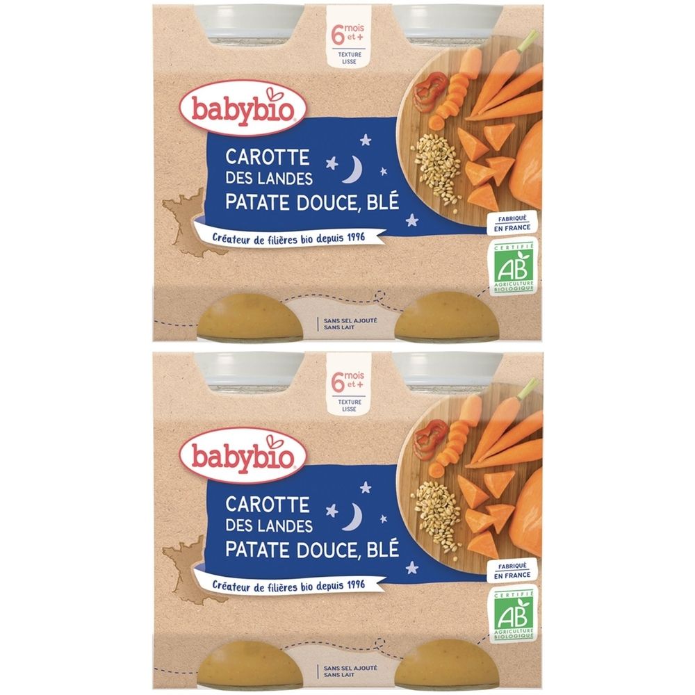 Deux emballages de nourriture pour bébé Babybio. Inscription: CAROTTE DES LANDES PATATE DOUCE, BLÉ. Avec le label AB bio. Dès 6 mois.