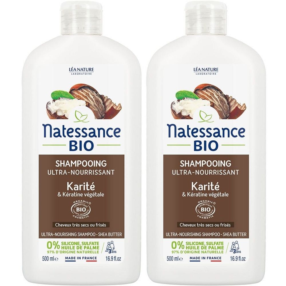 Deux flacons blancs de shampooing. Inscription: Natessance BIO, Shampooing Ultra-Nourrissant Karité & Kératine végétale. Certification bio.