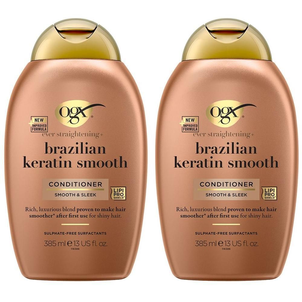 Deux flacons marron avec bouchons dorés. Inscription : OGX Brazilian Keratin Smooth Conditioner. 385 ml.