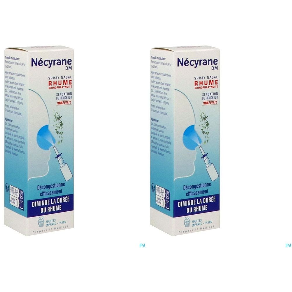 Deux boîtes rectangulaires. Inscription : Nécyrane DM, Spray Nasal Rhume. Illustration d'un vaporisateur nasal.