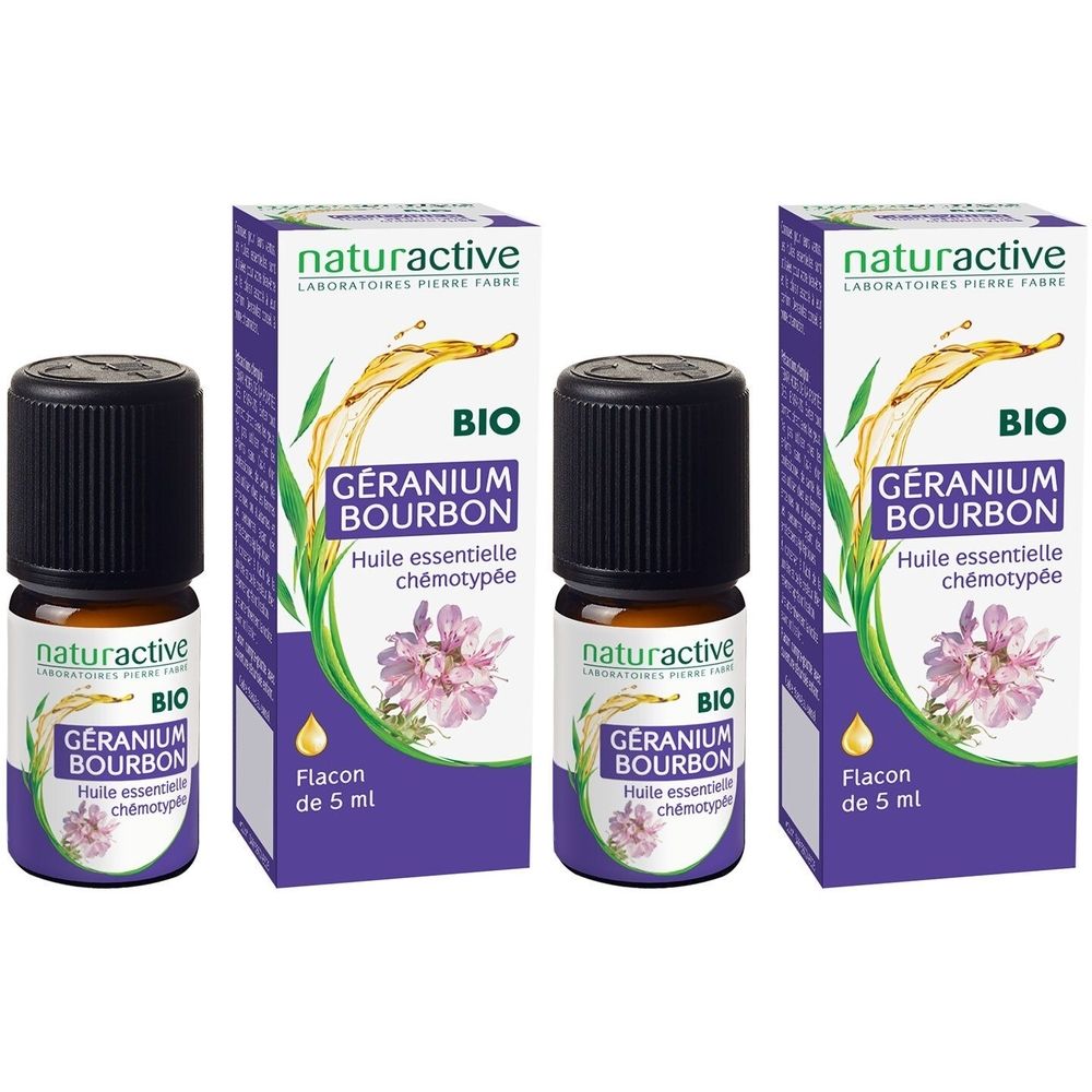 Trois flacons avec bouchons noirs et emballages. Inscription : Géranium Bourbon Huile essentielle BIO. Flacon de 5 ml.