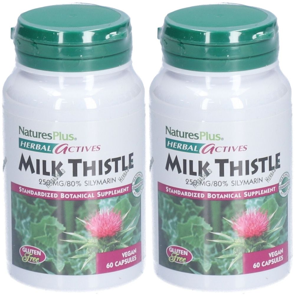Deux flacons blancs avec couvercles verts. Inscription: MILK THISTLE, 250mg/80% Silymarine, sans gluten, végétalien, 60 gélules.