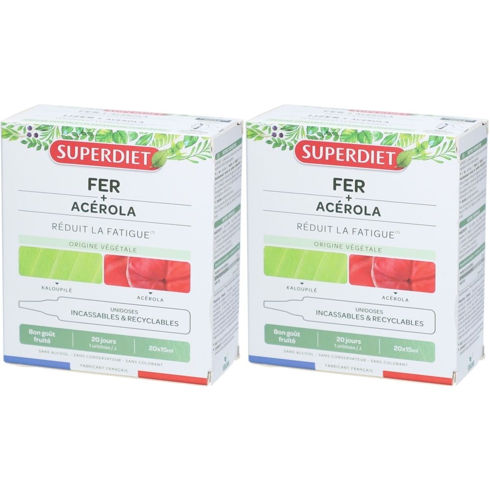 Deux boîtes SUPERDIET FER + ACÉROLA. Réduit la fatigue. Origine végétale. Unidose incassable et recyclable.