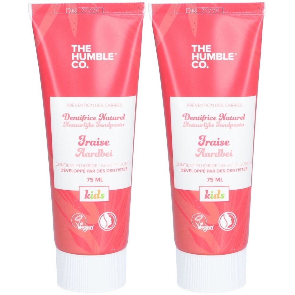 Deux tubes de dentifrice rose avec bouchon blanc. Inscription: THE HUMBLE CO., Dentifrice Naturel Fraise, 75 ml, kids, Vegan.