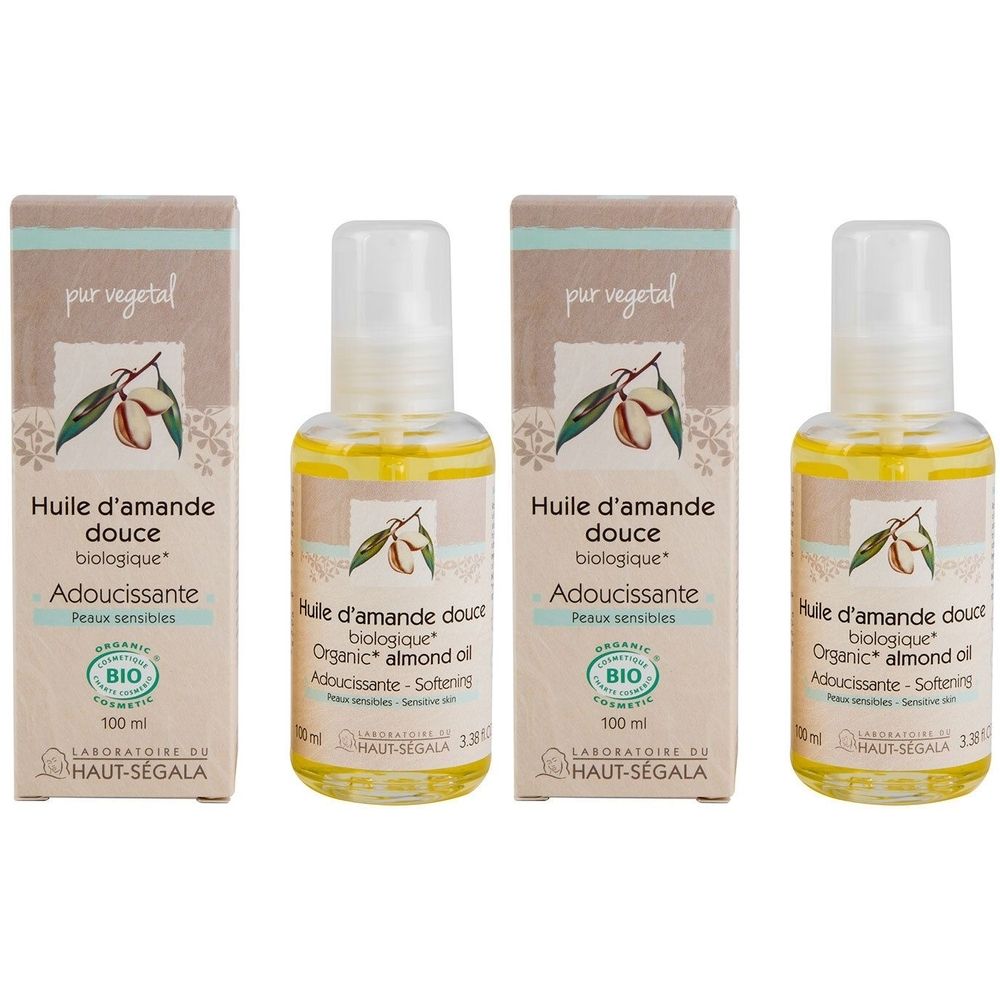 Trois flacons d'huile d'amande avec emballage carton. Inscription : Huile d'amande douce biologique, Adoucissante, certification BIO.