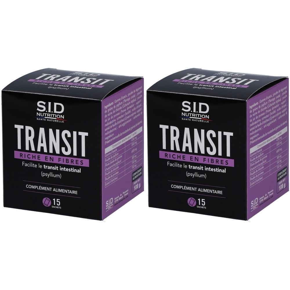 Deux boîtes carrées avec l'inscription "TRANSIT RICHE EN FIBRES". Fond noir avec des accents violets. 15 sachets.