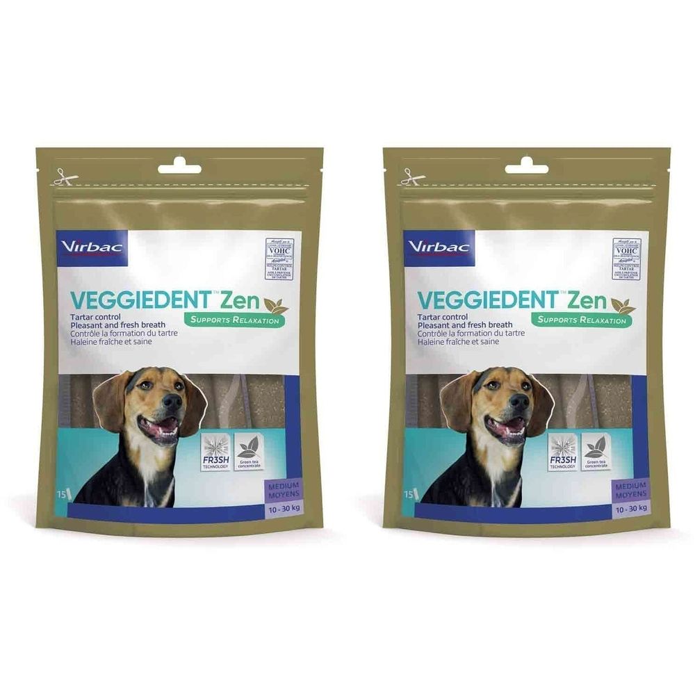 Deux paquets de Virbac Veggiedent Zen. Inscription : contrôle du tartre, haleine fraîche. Image d'un chien. Emballage vert-brun.