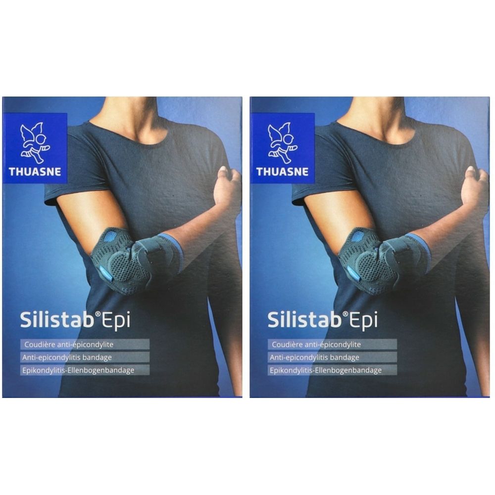 Deux emballages de coudières. Inscription: Silistab Epi, THUASNE. Bandage porté sur un bras.