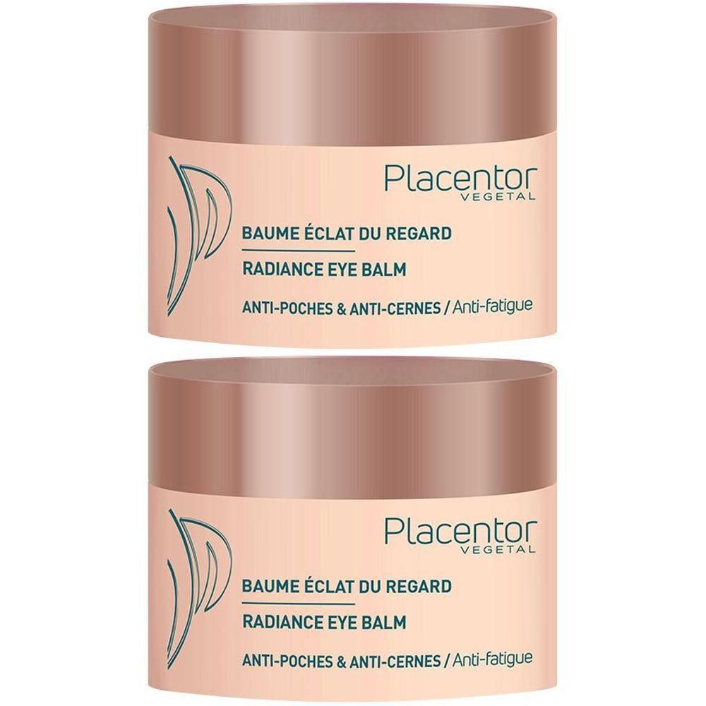 Deux pots ronds. Inscription: BAUME ÉCLAT DU REGARD, RADIANCE EYE BALM, ANTI-POCHES & ANTI-CERNES. Marque: Placentor Vegetal.