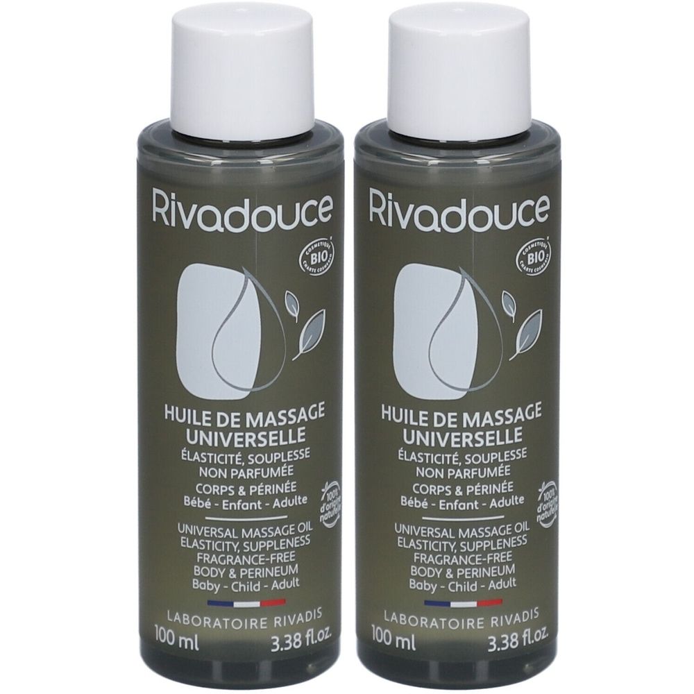 Deux flacons d'huile de massage Rivadouce. Flacons vert olive avec bouchons blancs. Inscription : Huile de massage universelle, label BIO.