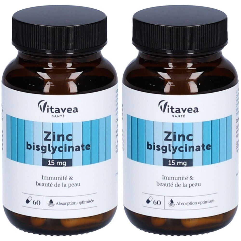 Deux flacons en verre brun avec bouchons noirs. Étiquettes : "Vitavea Santé Zinc bisglycinate 15 mg", 60 gélules.