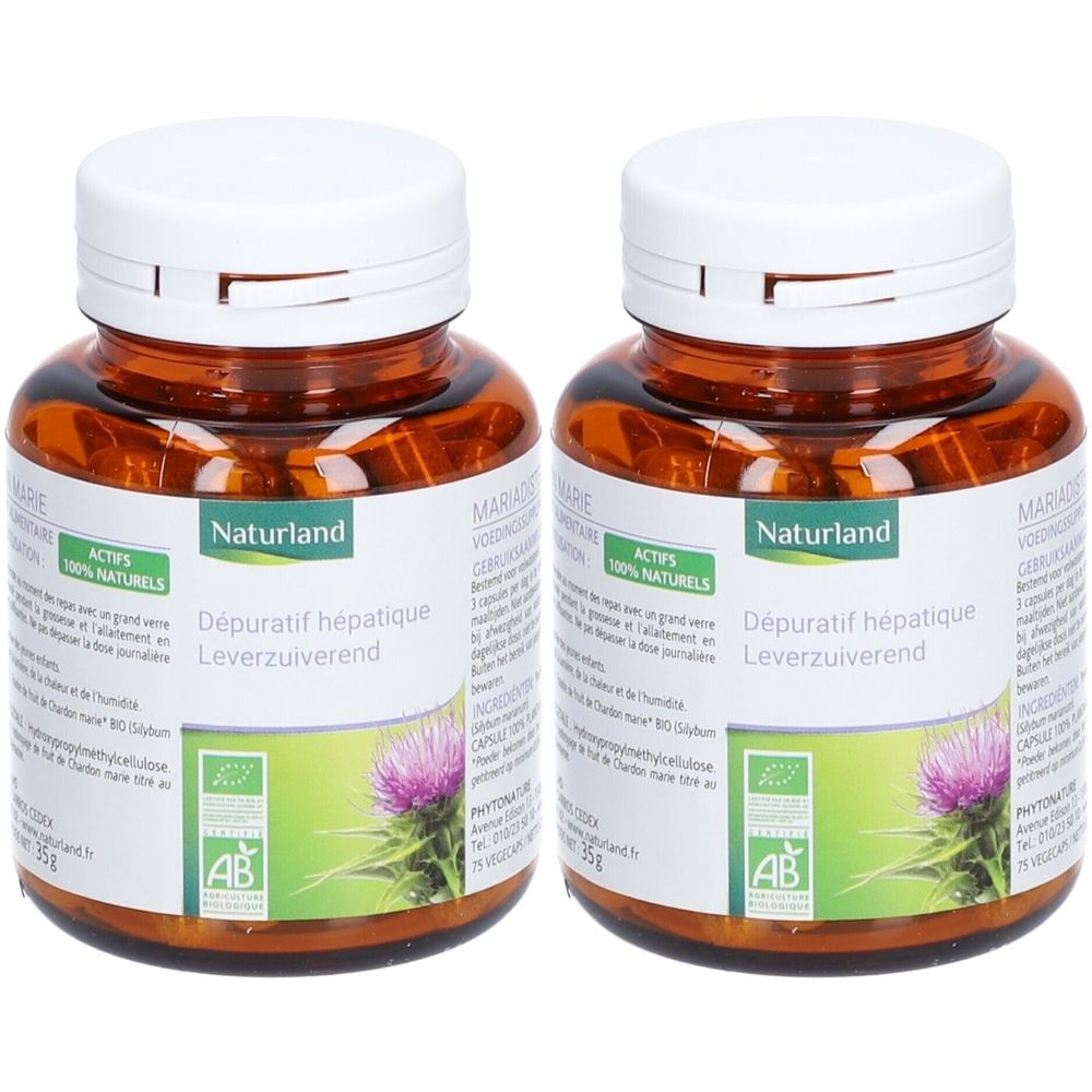 Deux flacons bruns avec des bouchons blancs. Étiquettes avec "Naturland", "Dépuratif hépatique" et un label bio. Illustration d'une fleur de chardon.