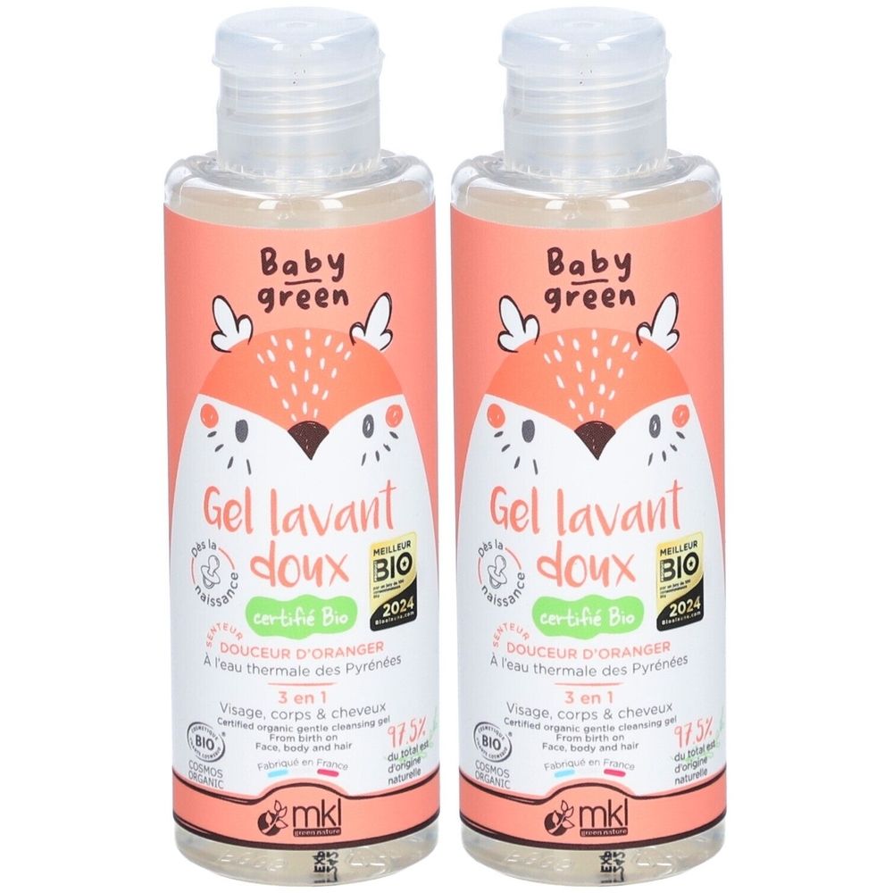 Deux flacons de Gel lavant doux Baby Green. Étiquette rose avec motif renard et texte. Certifié Bio. Contient de l'eau florale d'orange.