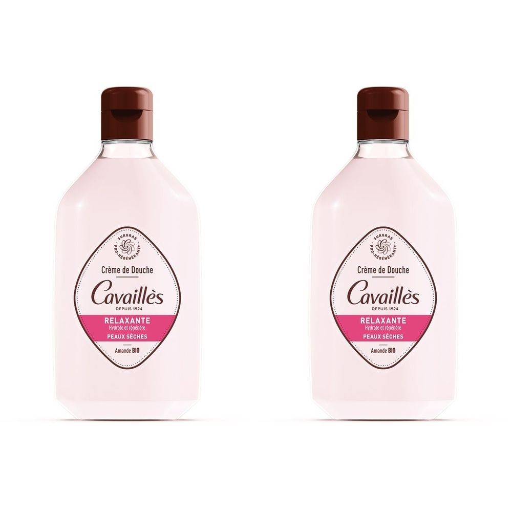 Deux flacons de crème de douche. Liquide blanc rosé, bouchon marron. Inscription : Cavaillès Crème de Douche Relaxante.