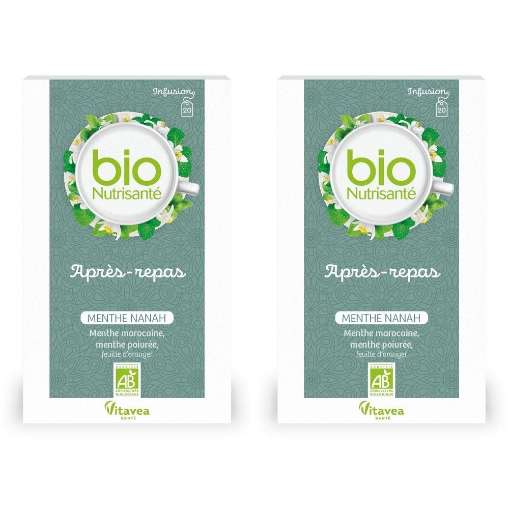 Deux paquets verts avec logo "bio Nutrisanté", inscription "Après-repas" et "MENTHE NANAH". Certification AB.