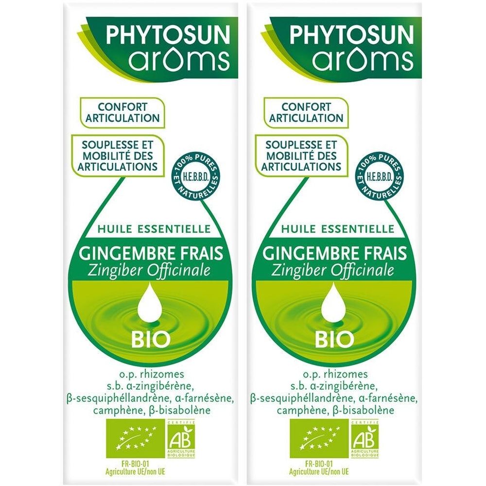 Deux flacons avec étiquette verte. Inscription: PHYTOSUN arôms, Gingembre frais, BIO. Certification AB.