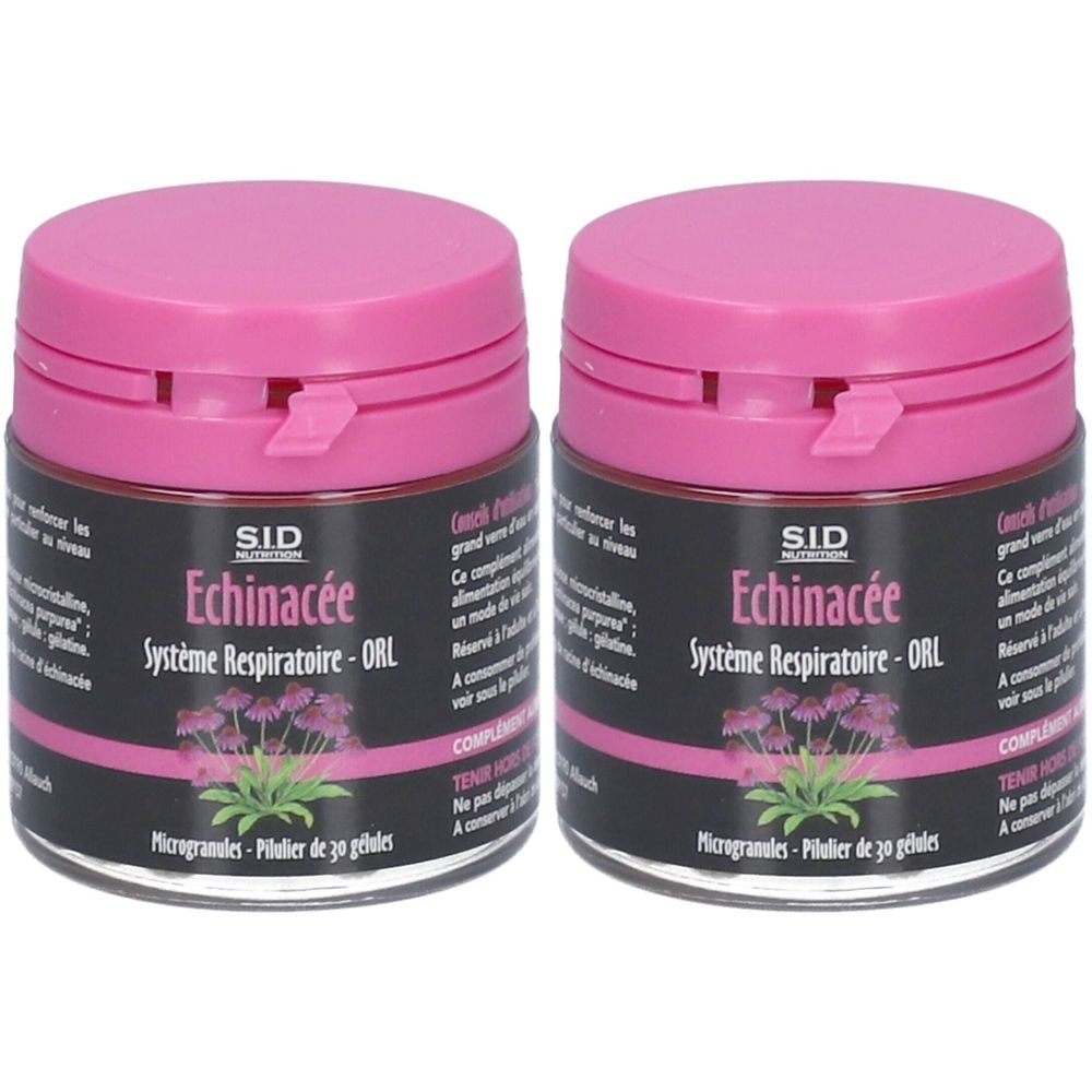 Deux boîtes de SID NUTRITION Echinacée Système respiratoire - ORL. Couvercles roses, étiquettes noires avec nom et illustration.
