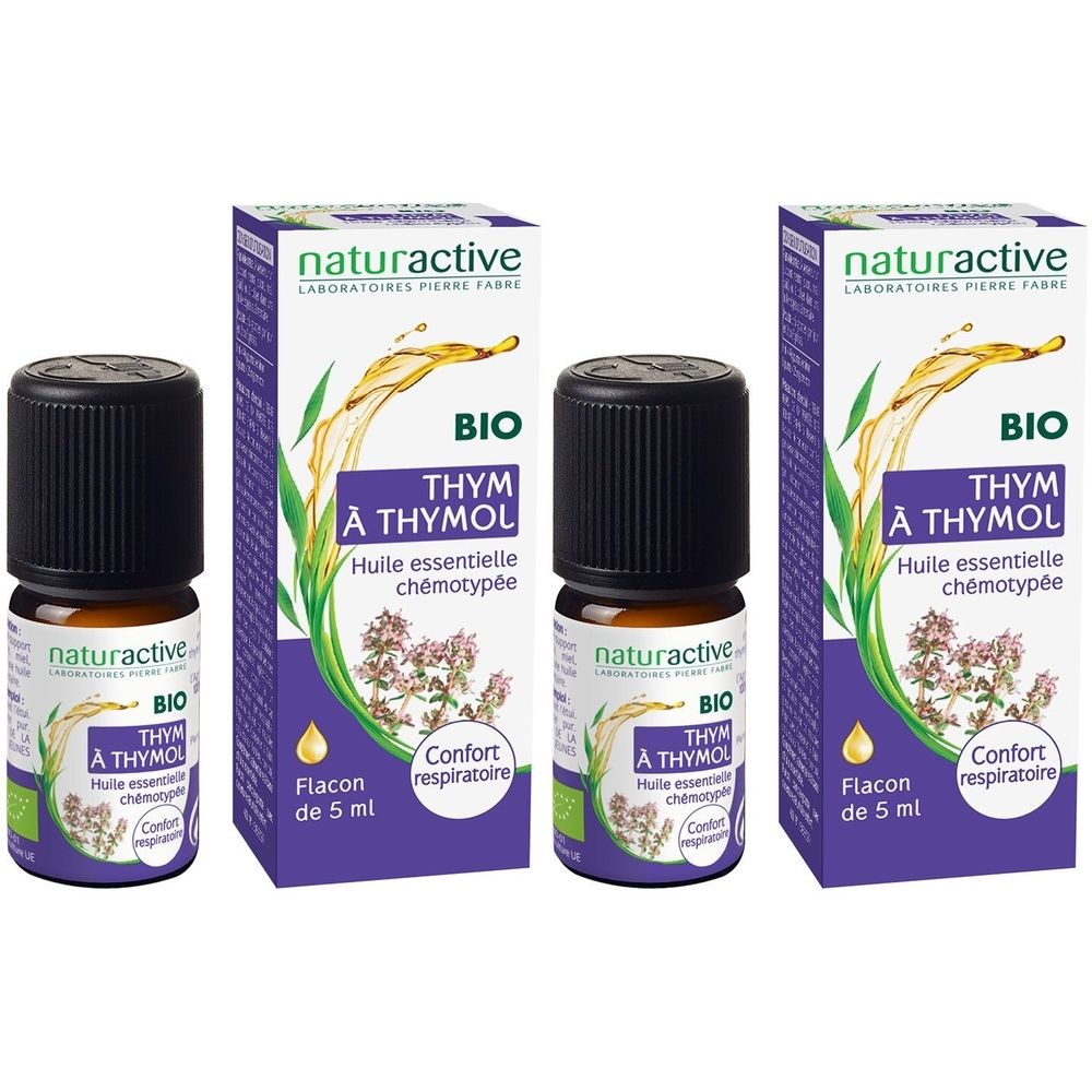 Trois flacons et boîtes. Inscription: Naturactive, Thym à Thymol, Huile essentielle chémotypée, BIO. Flacon de 5 ml.