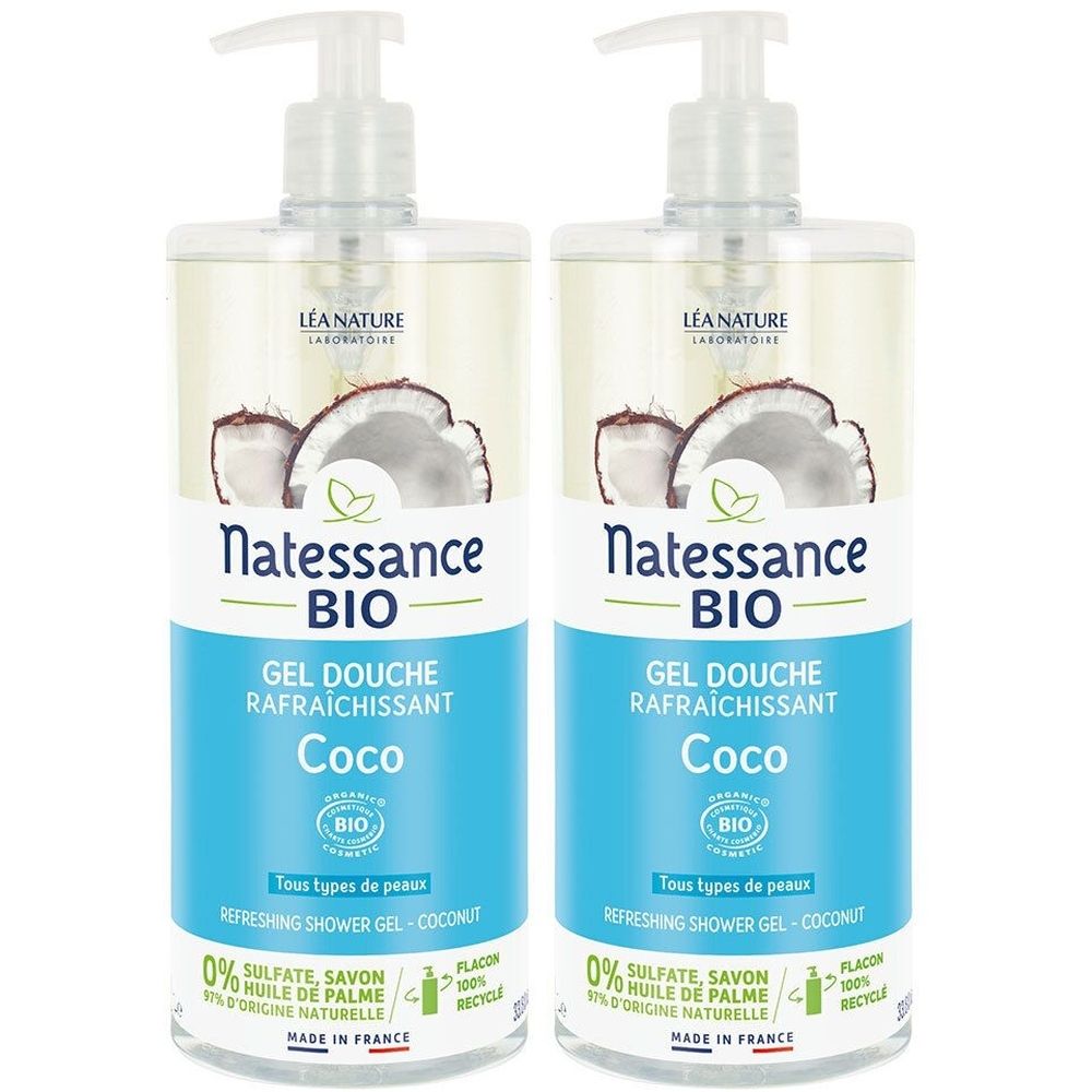 Deux flacons de gel douche Coco. Marque Natessance BIO. Inscription: Gel Douche, Coco. Avec logo bio et bouchon pompe.