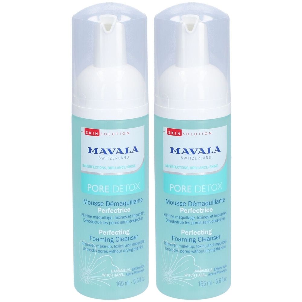 Deux flacons avec pompe blanche et étiquette bleue. Inscription: MAVALA, PORE DETOX, Perfecting Foaming Cleanser.