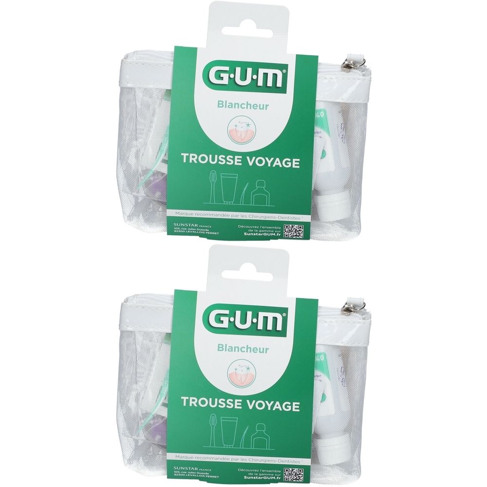 Deux trousses de toilette transparentes avec logo G.U.M. Chaque trousse contient des produits et un emballage vert avec texte.