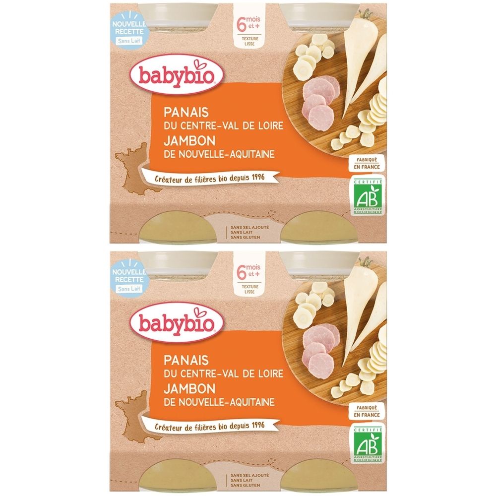 Deux boîtes de nourriture pour bébé Babybio. Inscription : Panais, Jambon, dès 6 mois. Label bio. Représentation de panais, jambon et légumes.