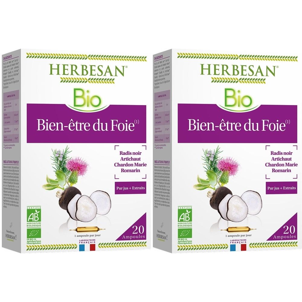 Boîte Herbesan Bio. Contient 20 ampoules. Avec radis noir, artichaut, chardon-marie et romarin.