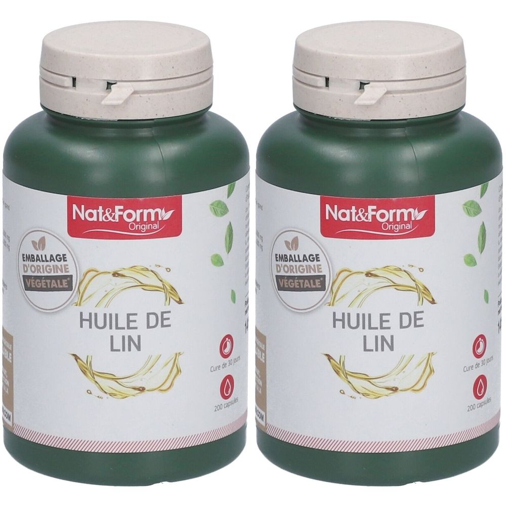 Deux flacons verts avec des couvercles blancs. Les étiquettes indiquent "HUILE DE LIN" et "Nat&Form Original".