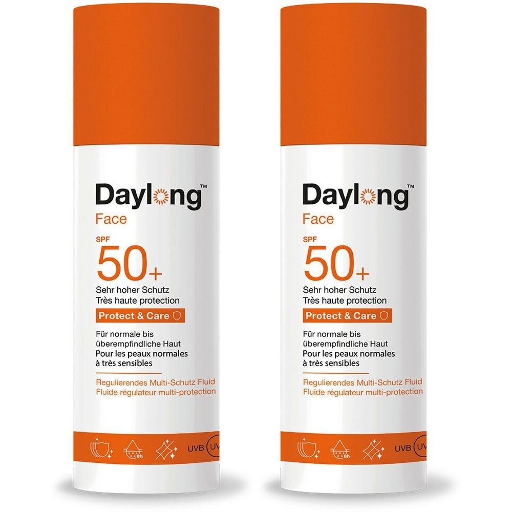 Deux flacons avec bouchons orange. Inscription: Daylong Face SPF 50+. Très haute protection. Protect & Care. Pour peaux normales à très sensibles.
