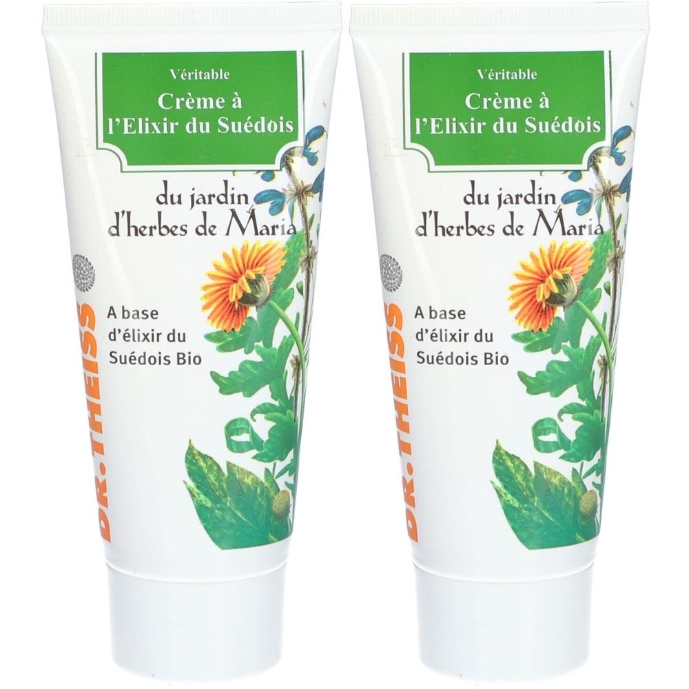 Deux tubes de Crème à l'Élixir du Suédois. Tubes blancs avec éléments verts et floraux. Texte: Crème à l'Élixir du Suédois, Suédois Bio.