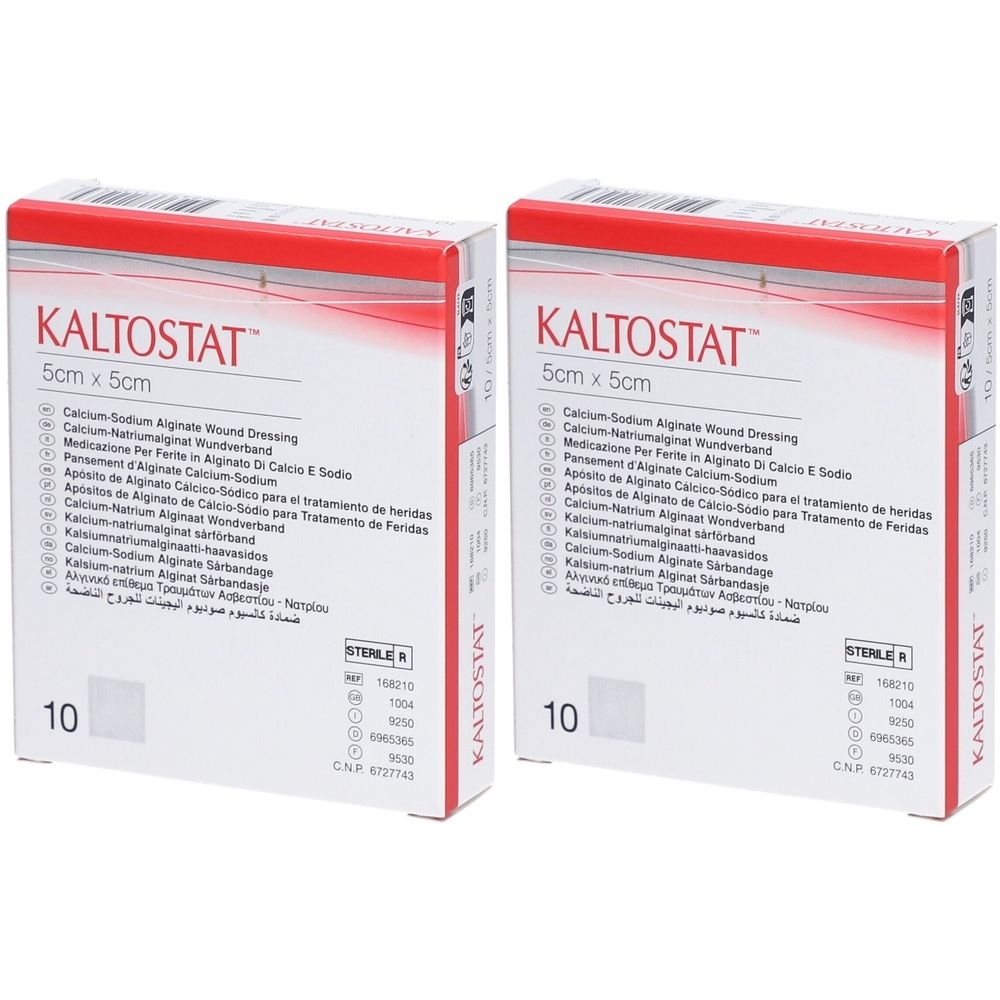 Deux boîtes de pansements Kaltostat® 5 cm x 5 cm. Emballage rouge et blanc avec nom et taille du produit. 10 unités.