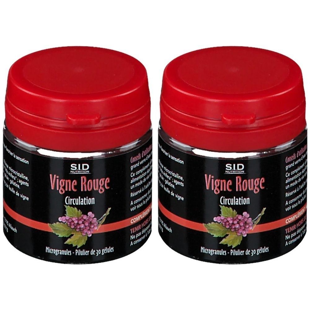 Deux pots rouges avec étiquette noire. Inscription: SID Nutrition Vigne Rouge Circulation. Illustration de raisins. Microgranules - Pilulier de 30 gélules.