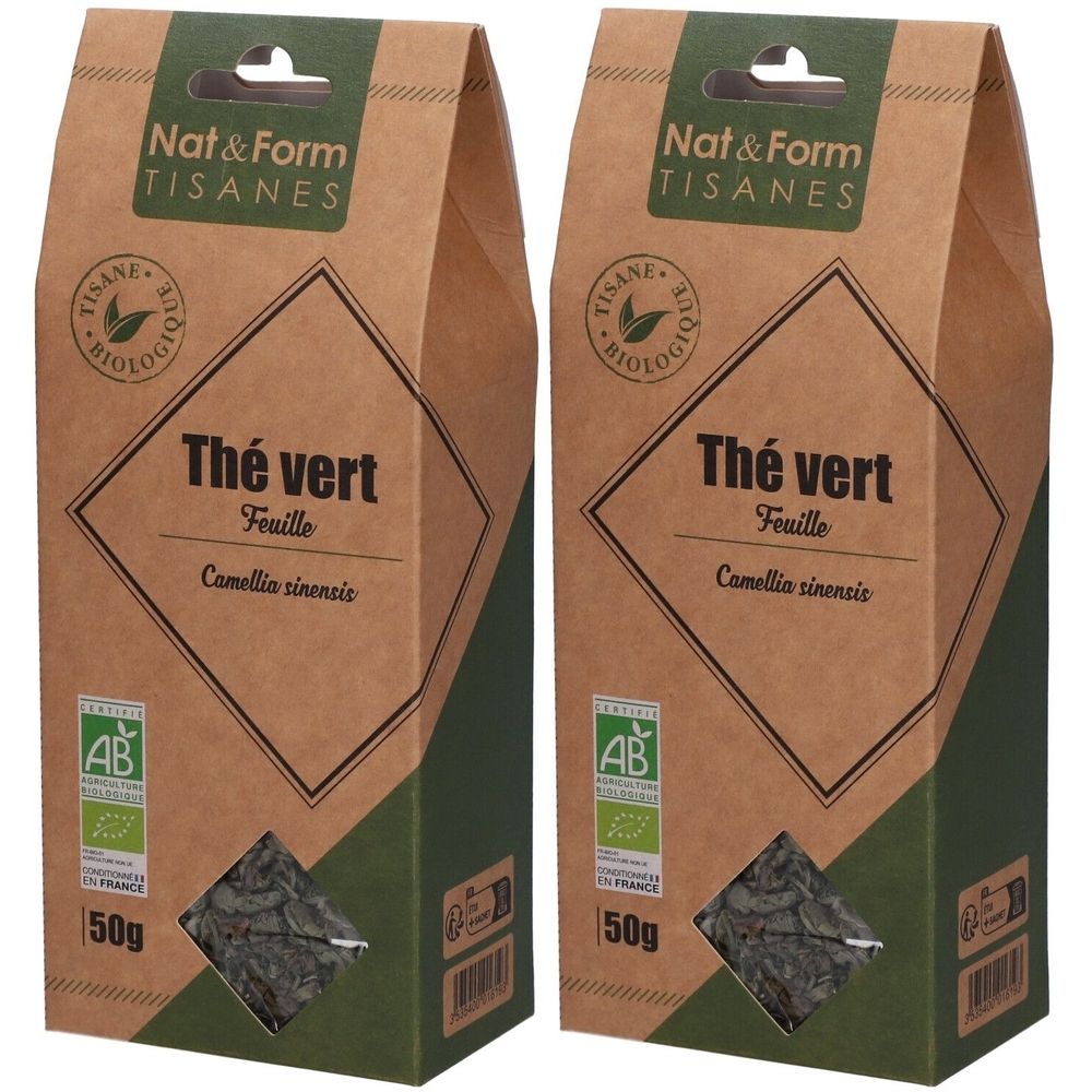 Deux boîtes de thé. Inscription : Nat & Form Tisanes, Thé vert, Feuille, Camellia sinensis. Avec label bio et 50g.