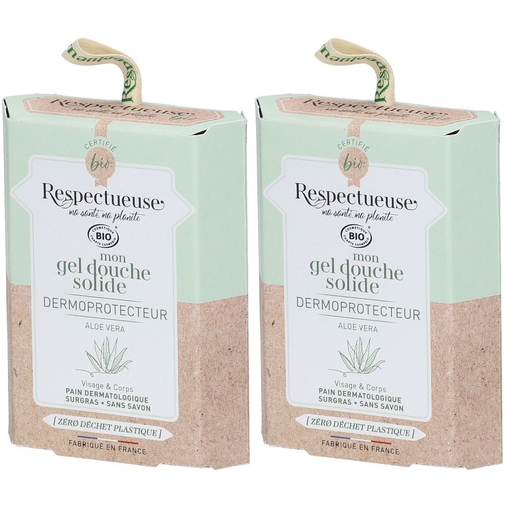 Deux boîtes rectangulaires avec informations produit. Inscription: "Respectueuse", "mon gel douche solide", "DERMOPROTECTEUR".
