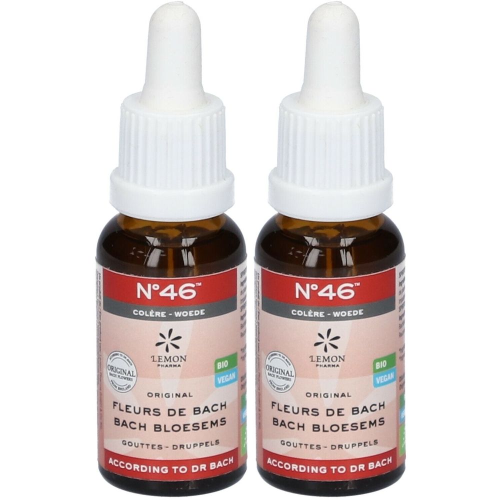 Deux flacons en verre brun avec compte-gouttes blancs. Étiquettes avec texte : N°46, Fleurs de Bach, Lemon Pharma. Label bio.