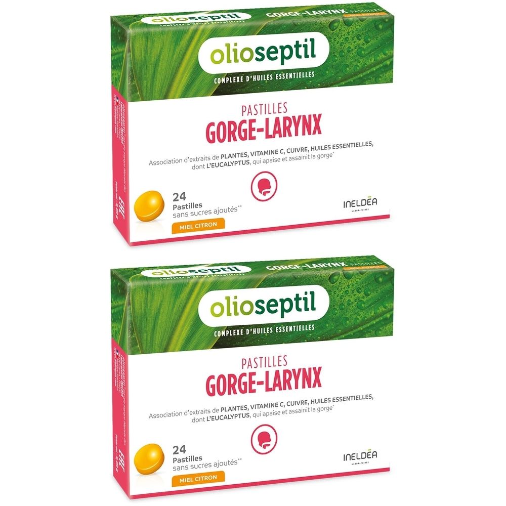 Deux boîtes de Pastilles gorge-larynx OLIOSEPTIL®. Inscription : 24 pastilles, sans sucres ajoutés. Miel Citron.