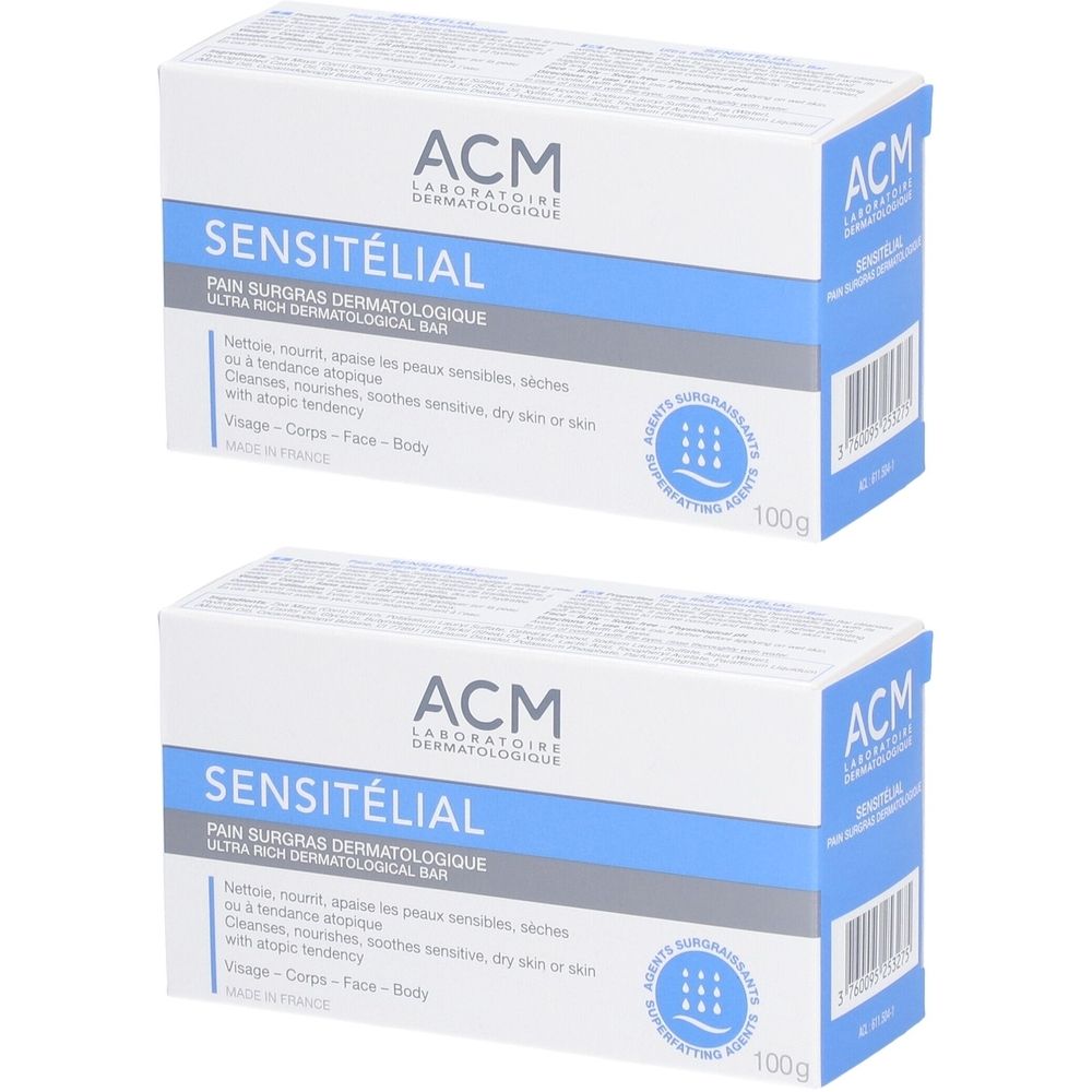 Deux boîtes de ACM Sensitélial. Emballage blanc avec texte bleu. Pain surgras dermatologique. 100g.