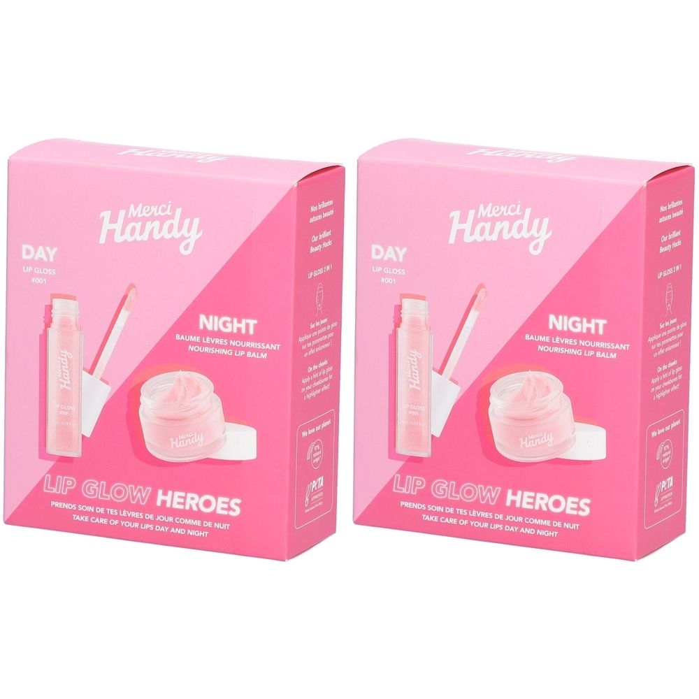 Deux boîtes roses de Lip Glow Heroes. Chaque boîte contient un gloss et un baume. Inscription : Merci Handy.