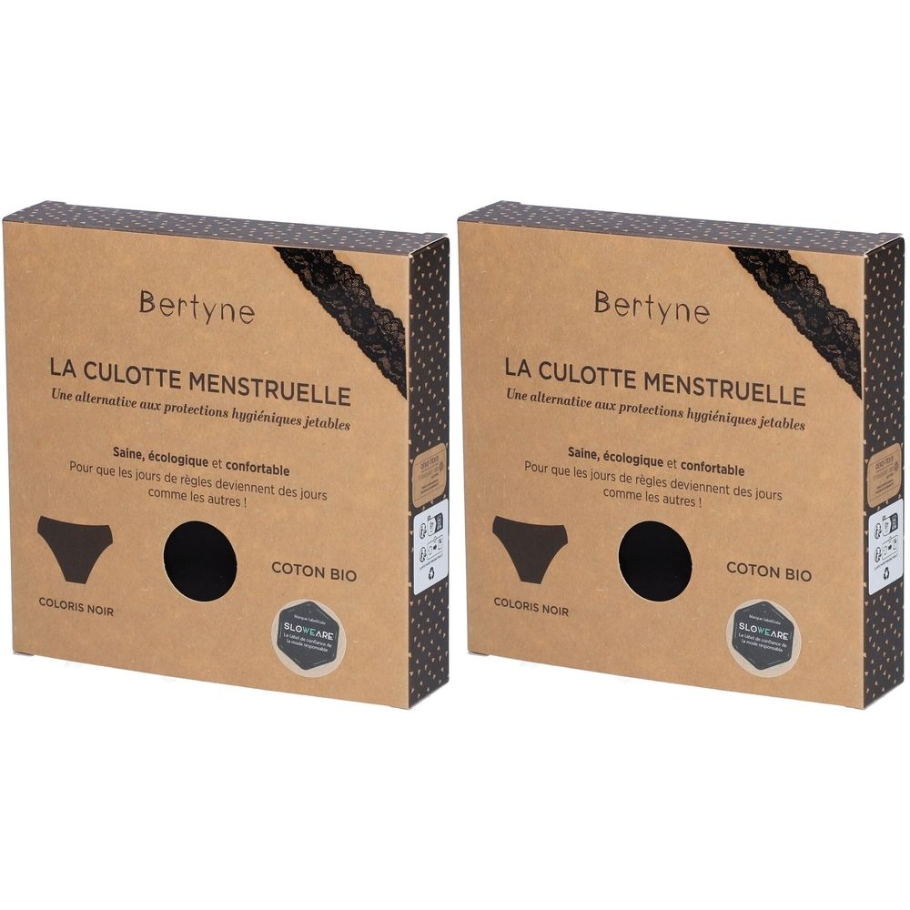 Deux boîtes de culottes menstruelles Bertyne. Inscription : LA CULOTTE MENSTRUELLE, coton bio, noir. Dentelle en haut.