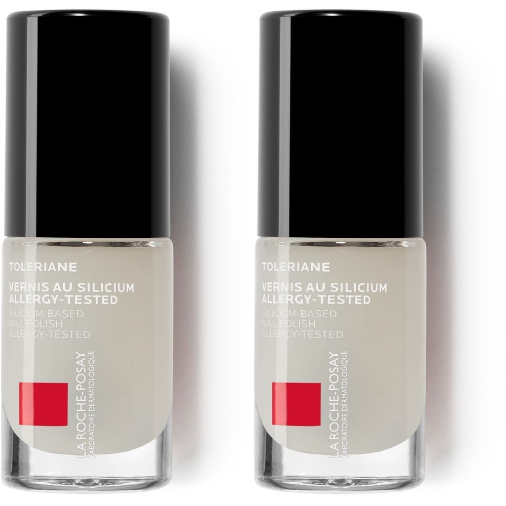Deux flacons de vernis à ongles avec bouchon noir. Inscription : Toleriane, Vernis au Silicium, Allergy-Tested. Logo rouge La Roche-Posay.