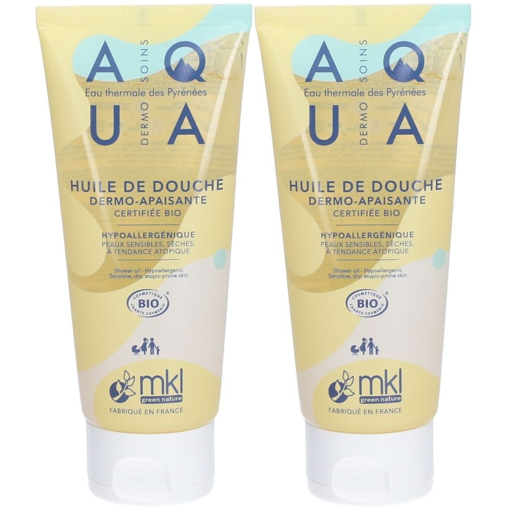 Deux tubes de gel douche. Tube jaune avec bouchon blanc. Texte: AQUA, Huile de Douche, Dermo-apaisante, certification bio, mkl.