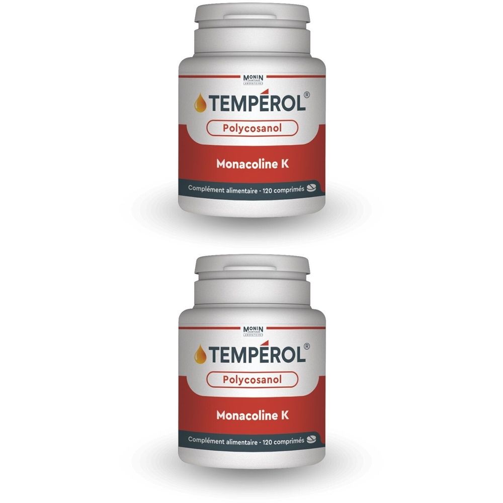 Deux flacons blancs avec étiquette rouge. Inscription: TEMPÉROL, Polycosanol, Monacoline K. Complément alimentaire.