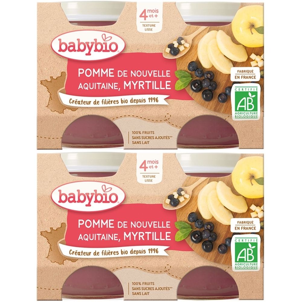 Emballage Babybio. Inscription: POMME DE NOUVELLE AQUITAINE, MYRTILLE. Certification bio. Dès 4 mois. Fabriqué en France.
