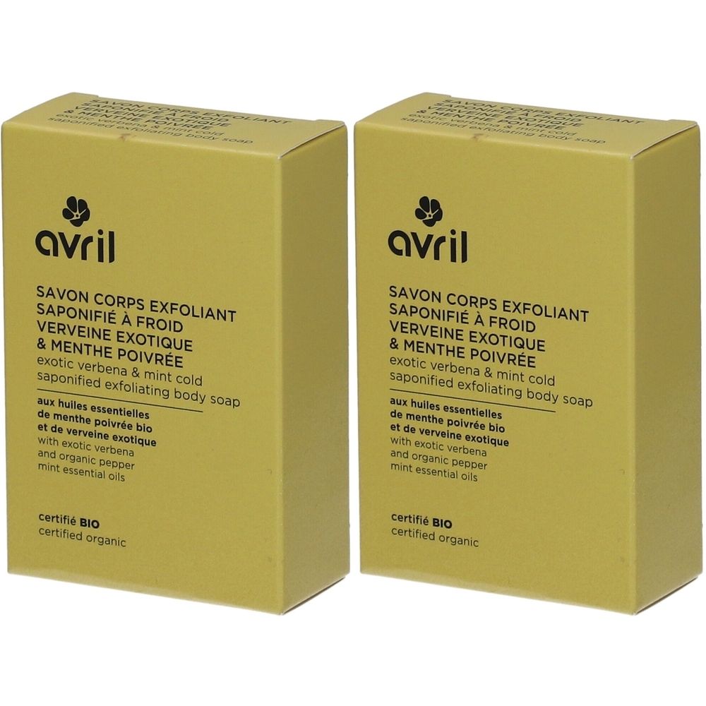 Deux boîtes rectangulaires. Inscription : SAVON CORPS EXFOLIANT, VERVEINE EXOTIQUE & MENTHE POIVRÉE. Certifié BIO.