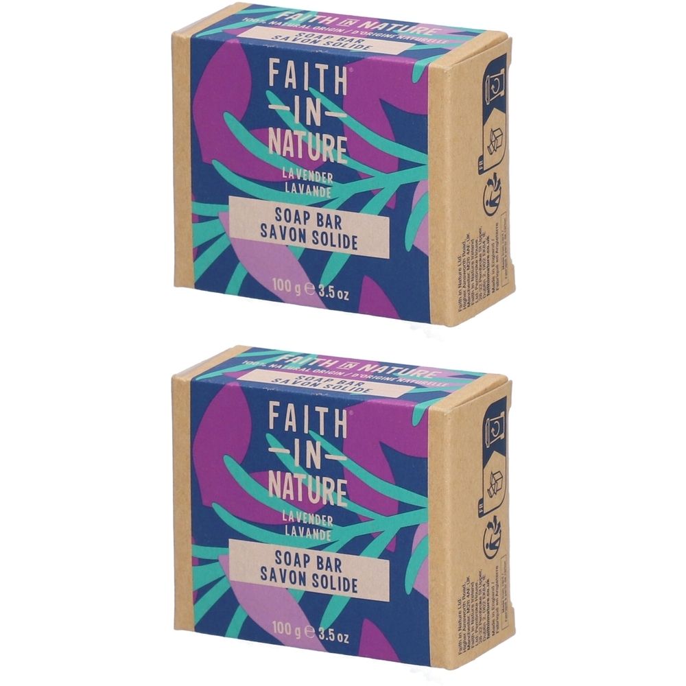 Deux savons solides rectangulaires en emballage carton. Inscription : Faith in Nature, Lavande, Soap Bar, Savon Solide. 100g/3.5oz.