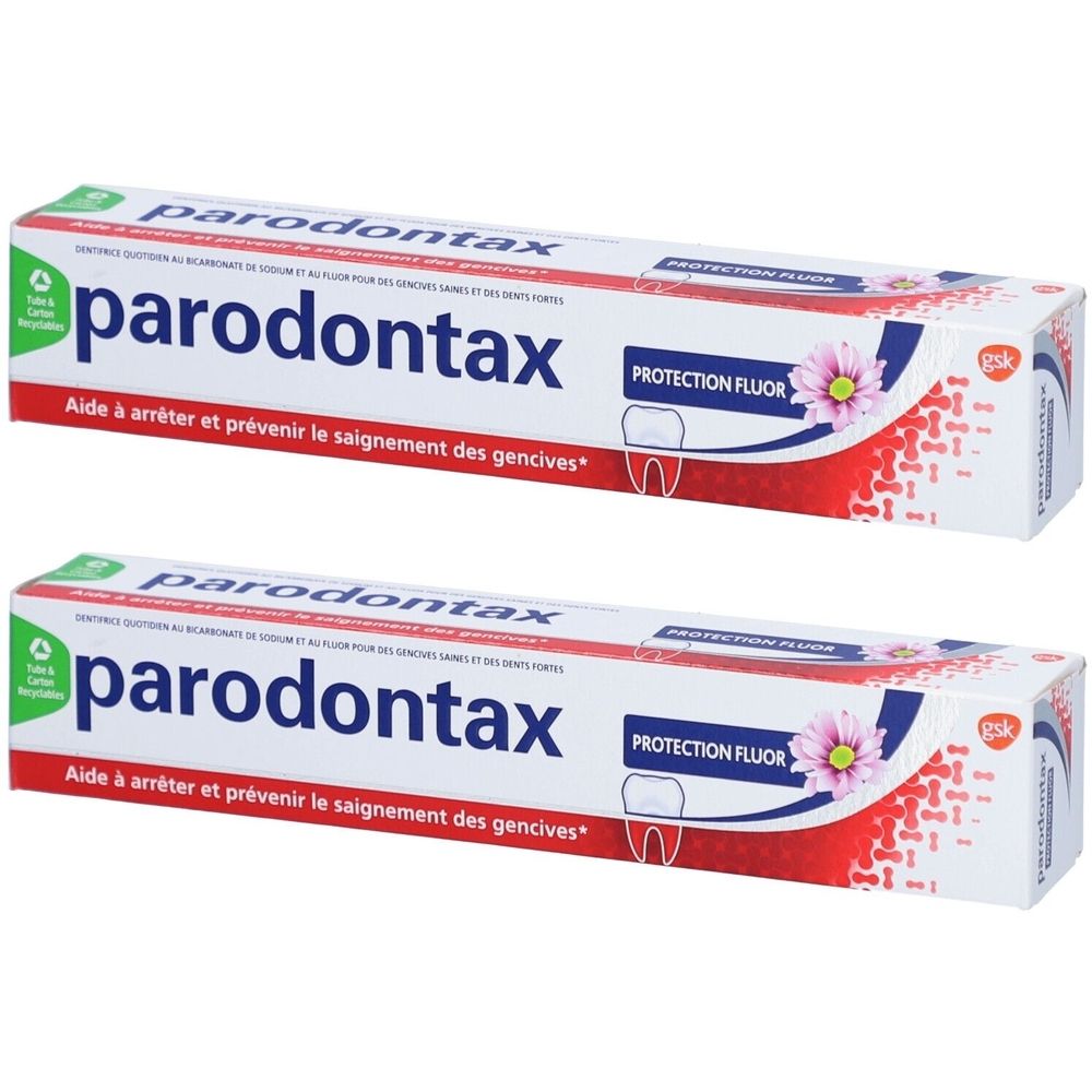 Deux tubes de dentifrice Parodontax. Emballage blanc avec texte rouge et bleu. Inscription: Parodontax, Protection Fluor. Aide à arrêter et prévenir le saignements des gencives.