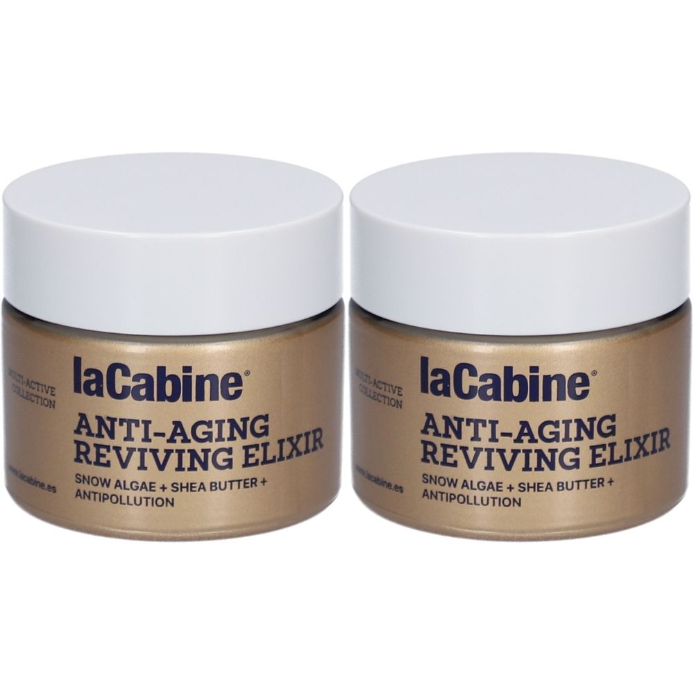 Deux pots dorés avec couvercles blancs. Inscription "laCabine ANTI-AGING REVIVING ELIXIR" sur les pots.